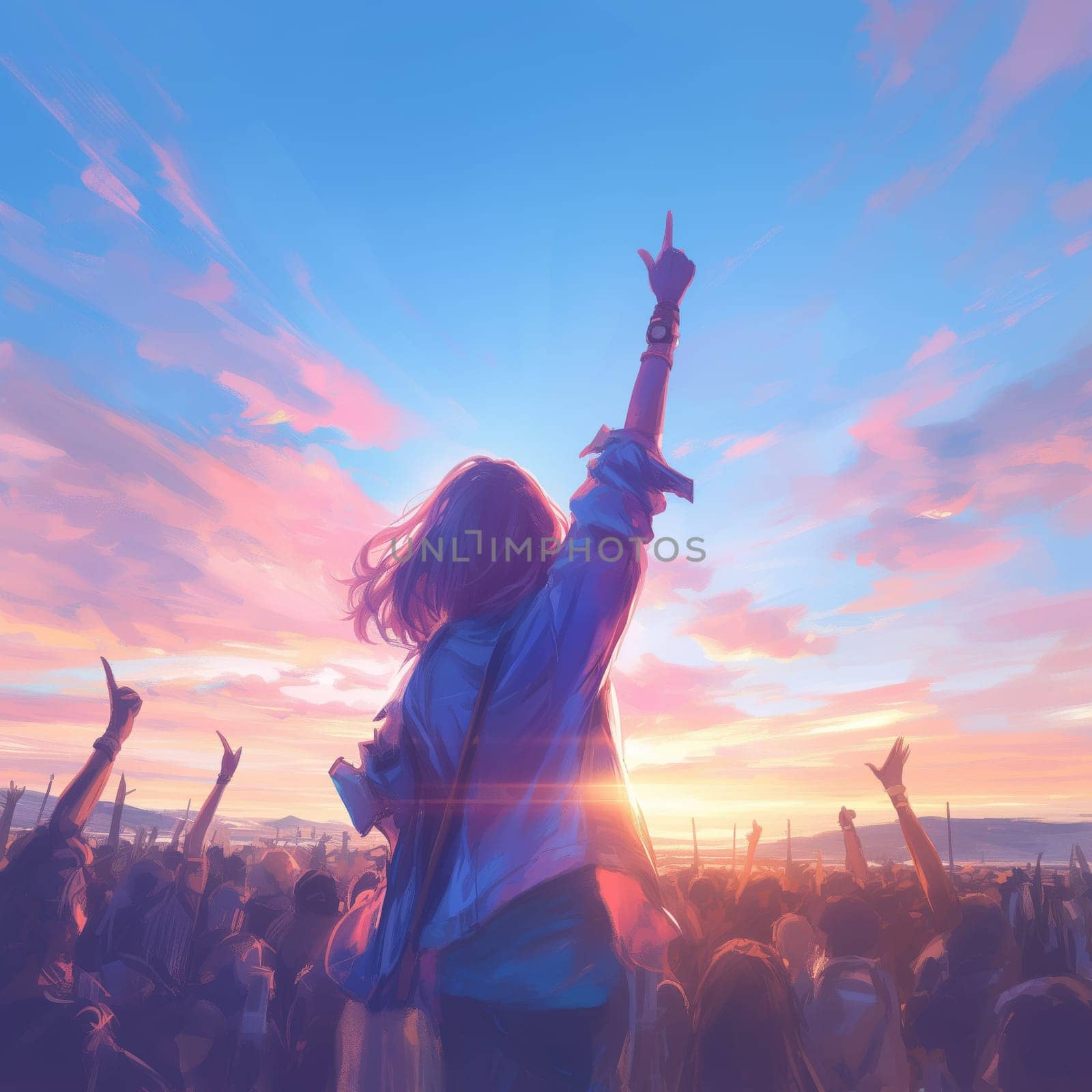 Illustration of a woman raising her hand in a crowd during sunset, with vibrant clouds and light beams capturing energy, leadership, and celebration.