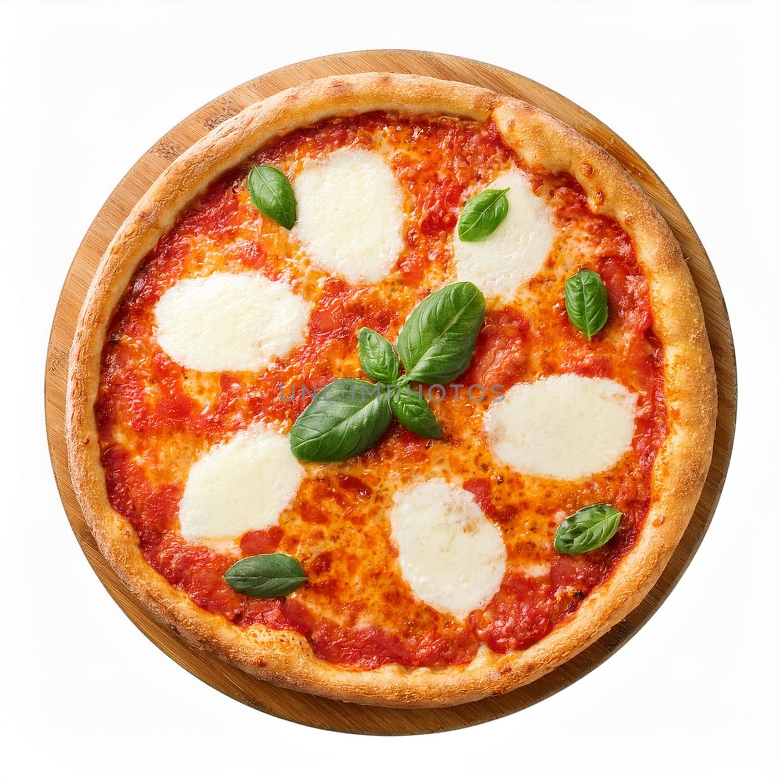 pizza margherita top flat view over white, AI generated image