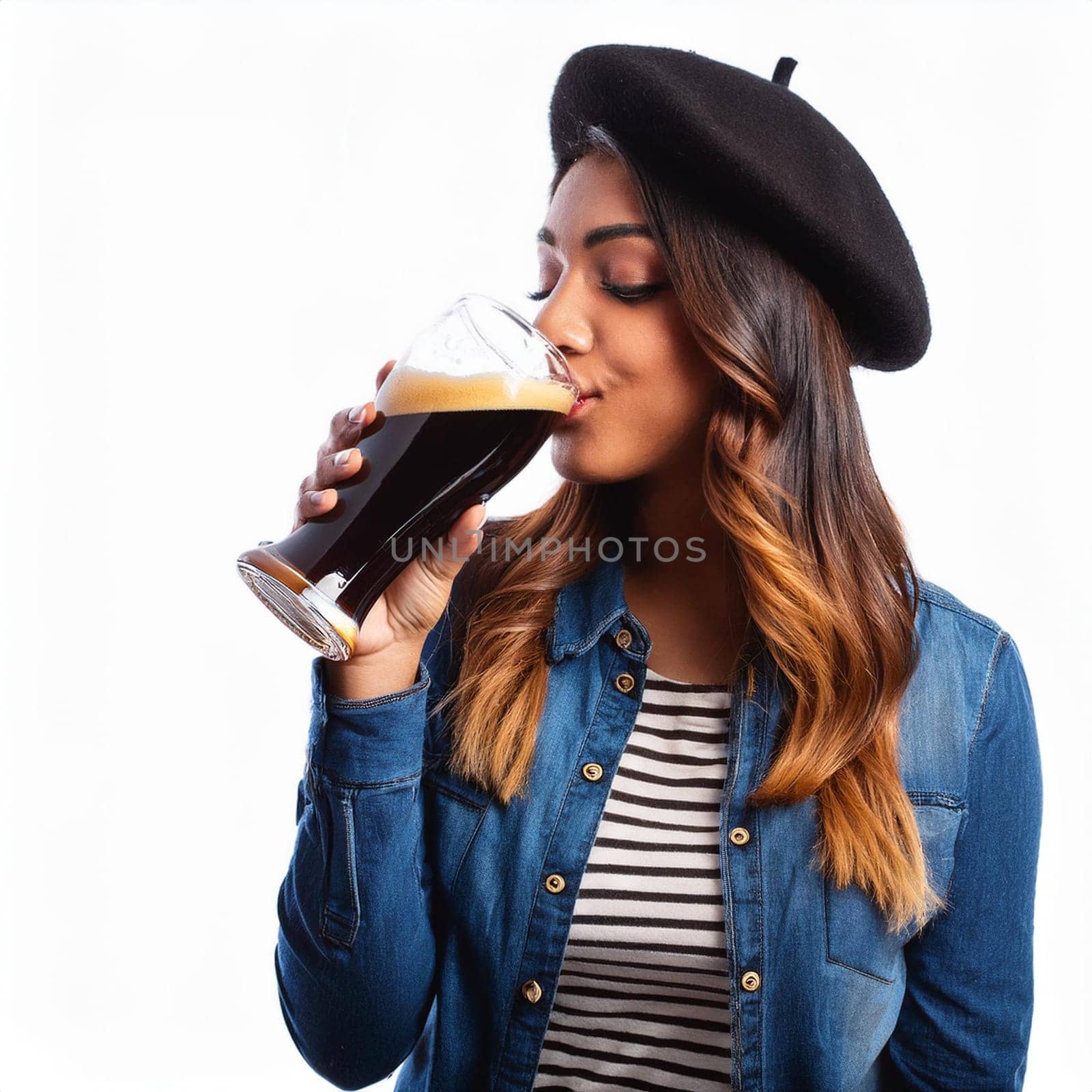 pretty young woman drinking dark beer, AI generated image