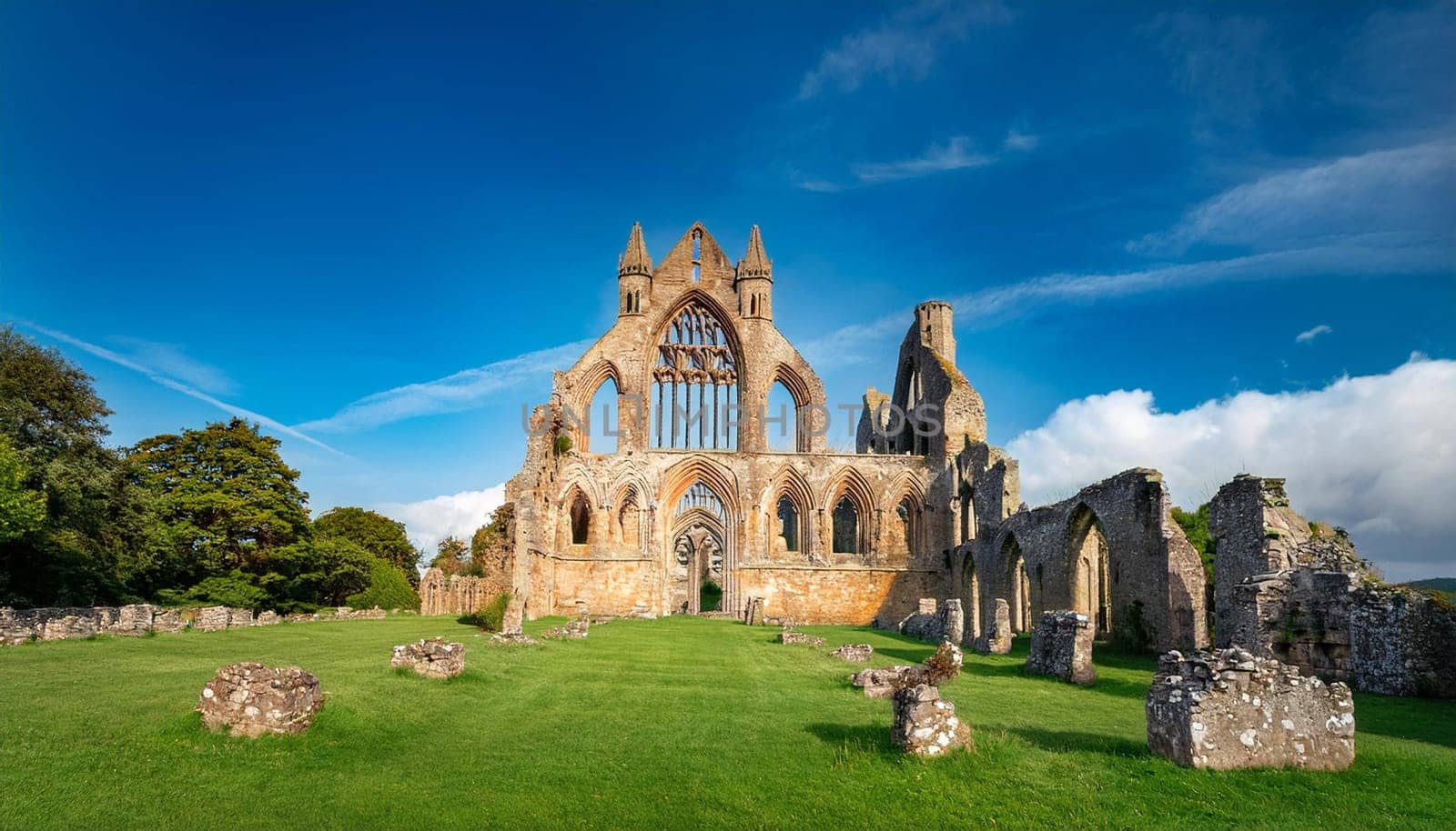 ruins of roofless gothic cathedral, AI generated image