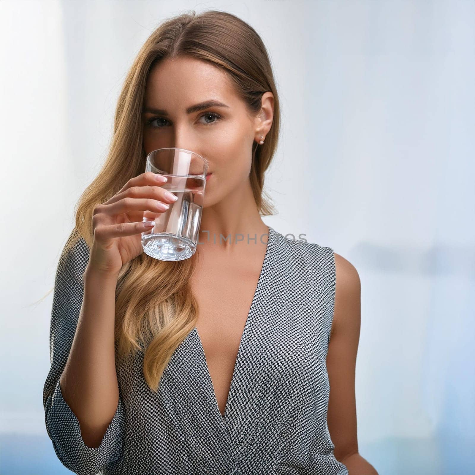 pretty young woman drinking a glass of water, AI generated image