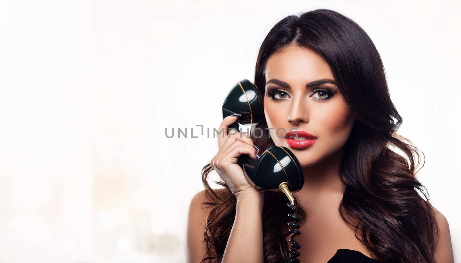 pretty young woman talking on vintage landline telephone, AI generated image
