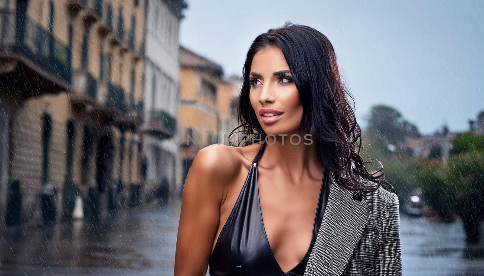 pretty young woman walking in the rain, AI generated image