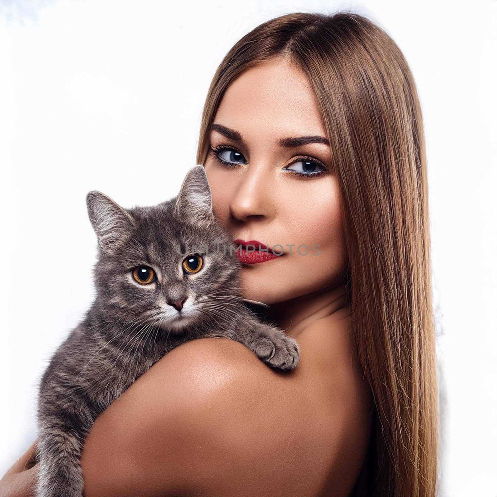 pretty young woman with a cat, AI generated image