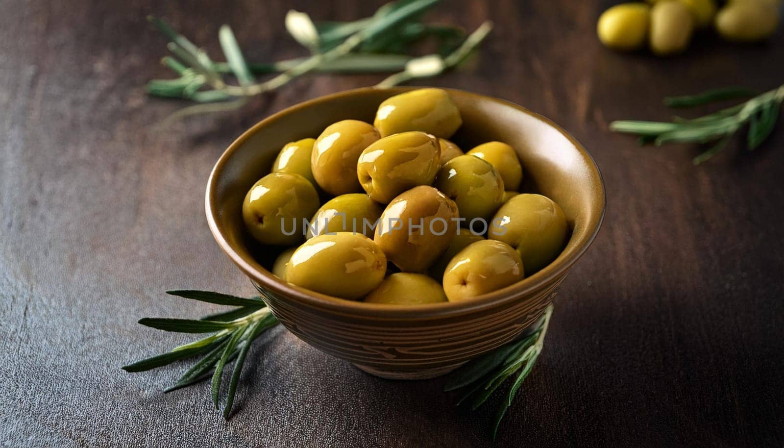 bowl of green olives, AI generated image