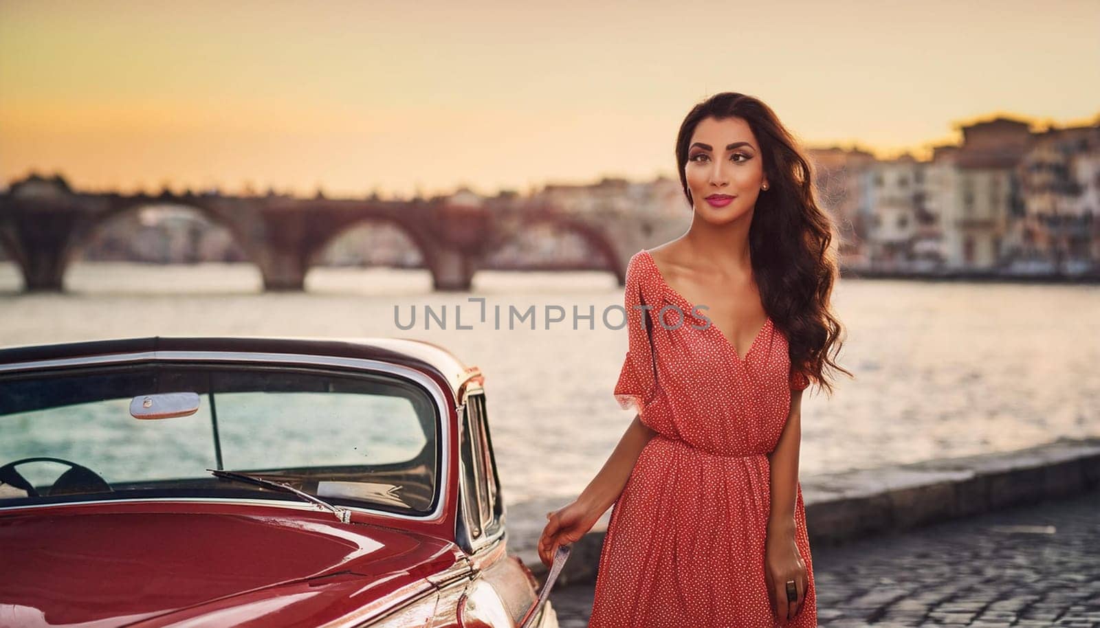 pretty young woman by ancient car, AI generated image