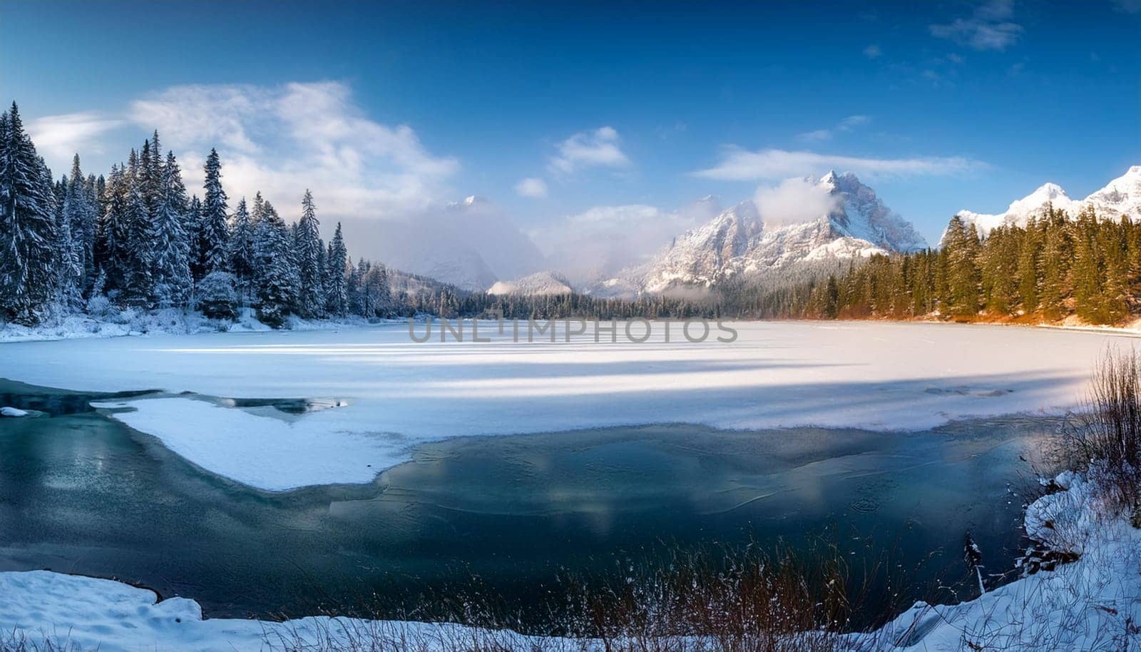 winter frozen lake scene, AI generated image
