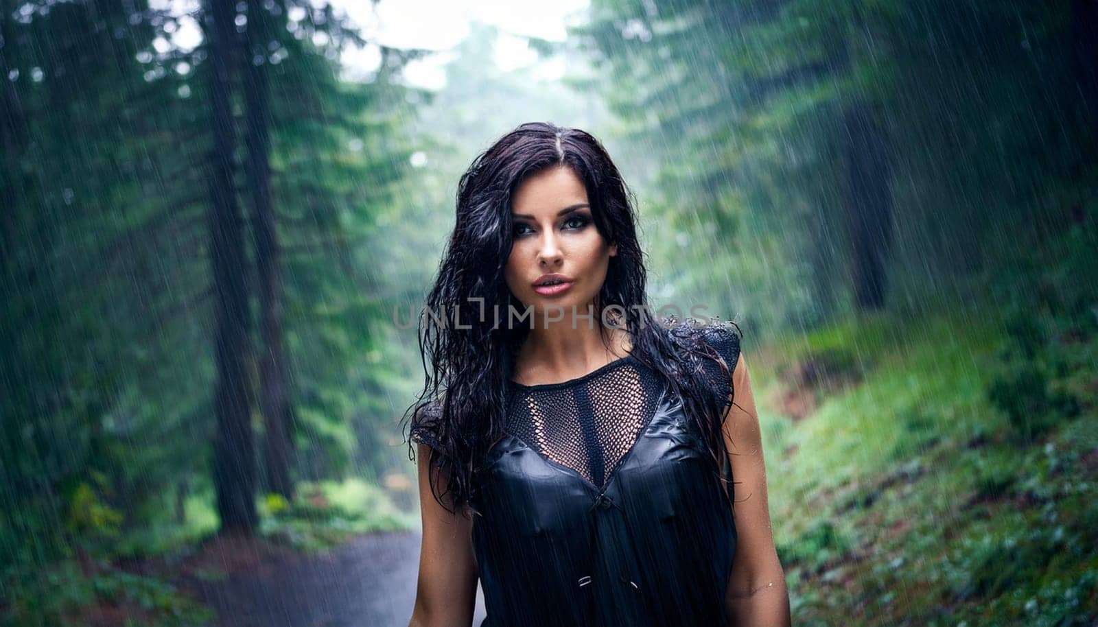 pretty young goth woman in the forest under the rain, AI generated image