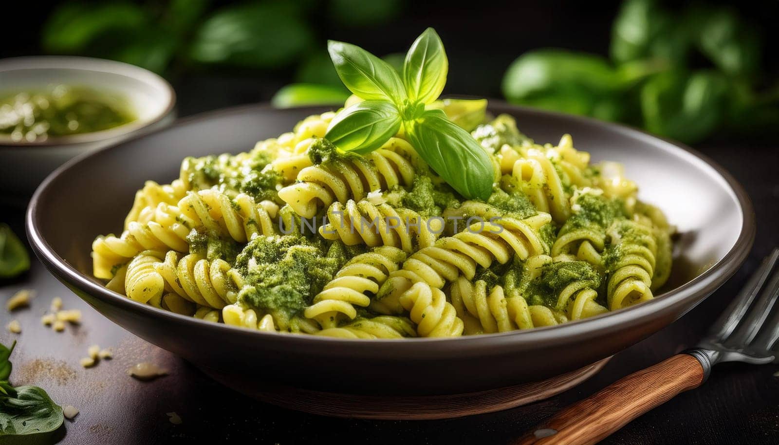 tortiglioni pasta al pesto, AI generated image