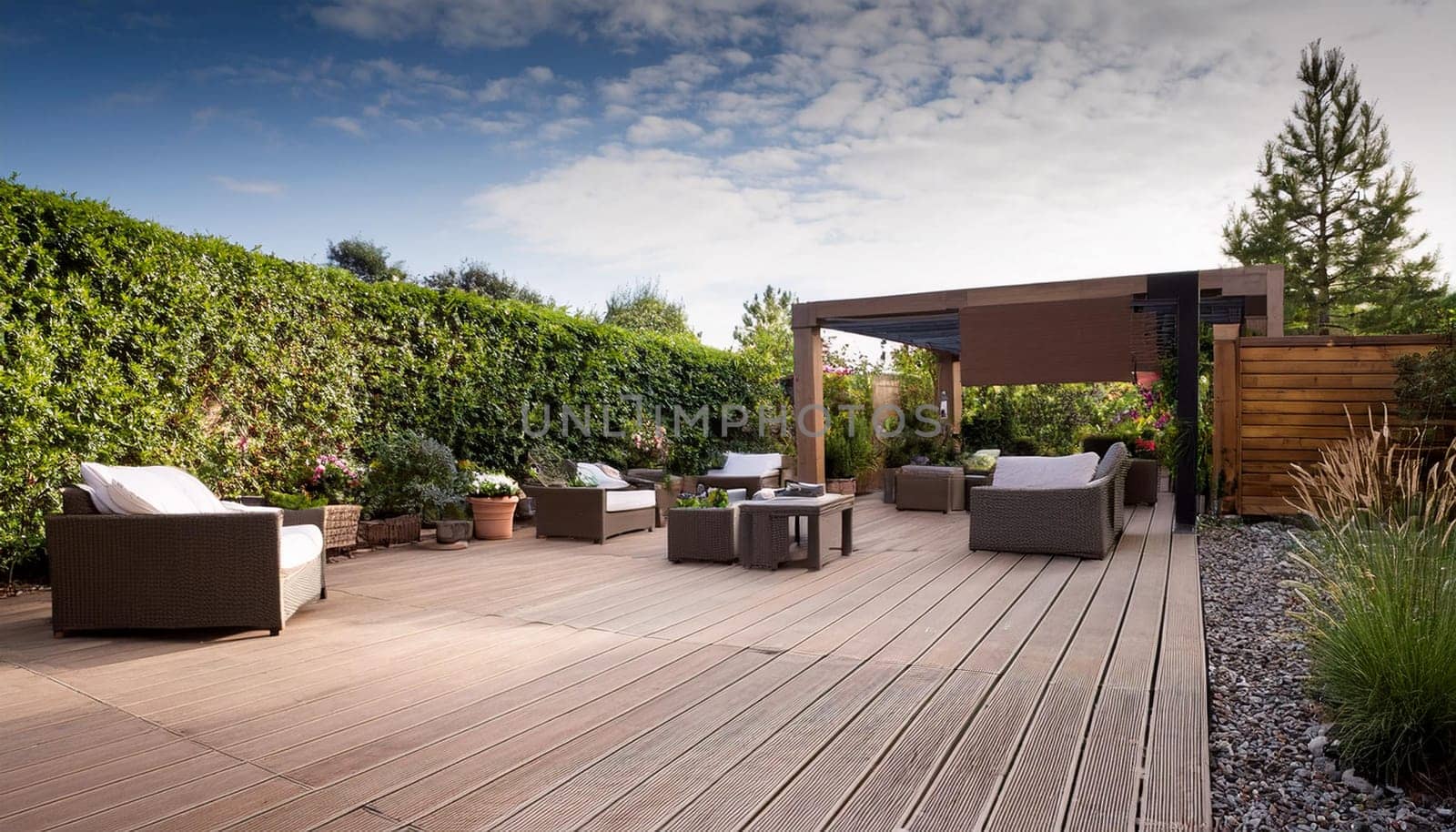 modern home garden patio, AI generated image