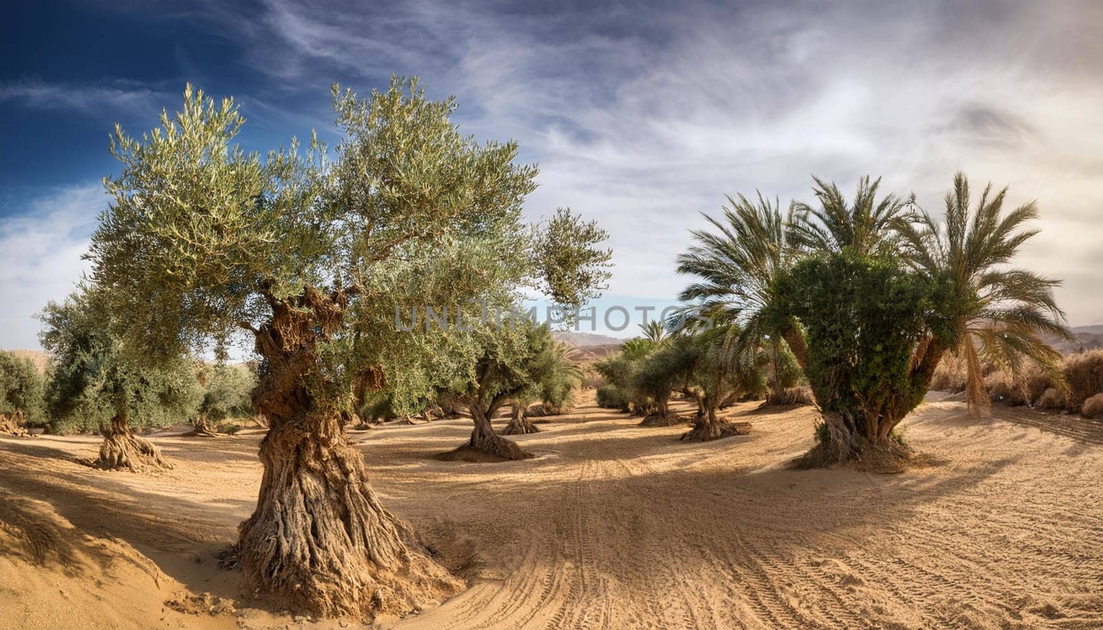 natural scene with olive trees, AI generated image