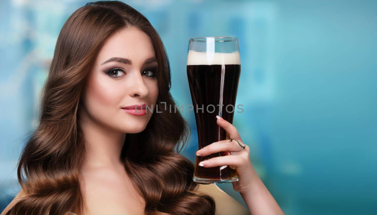 pretty young woman drinking stout beer, AI generated image