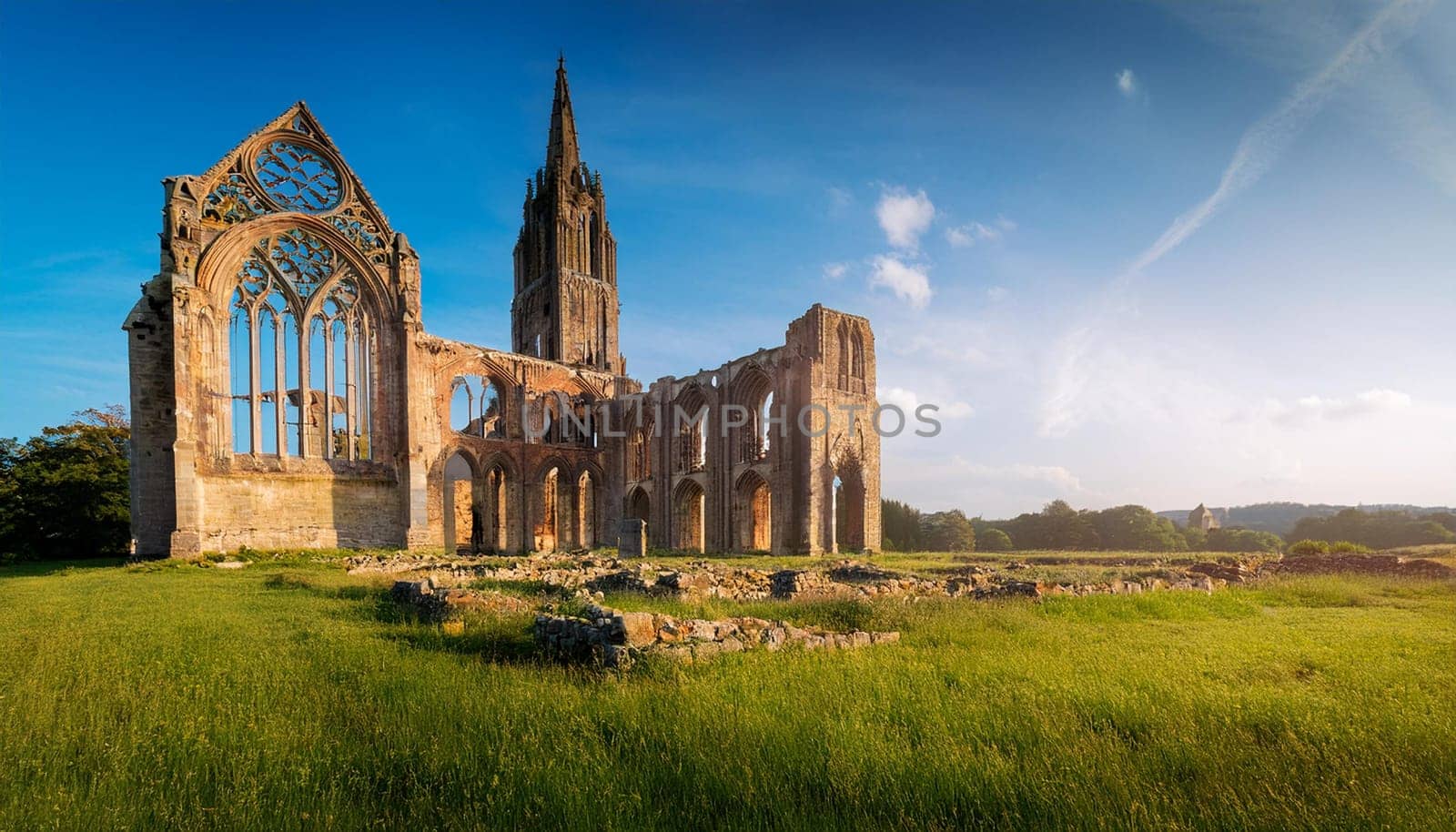 ruins of roofless gothic cathedral, AI generated image