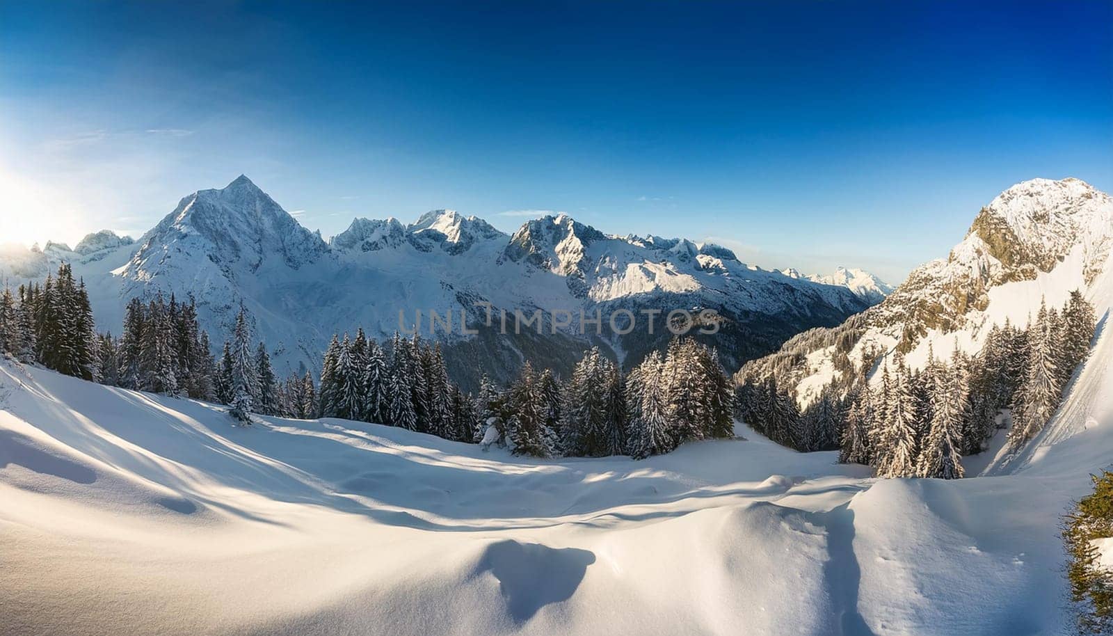 winter alpine panorama scene with snow, AI generated image