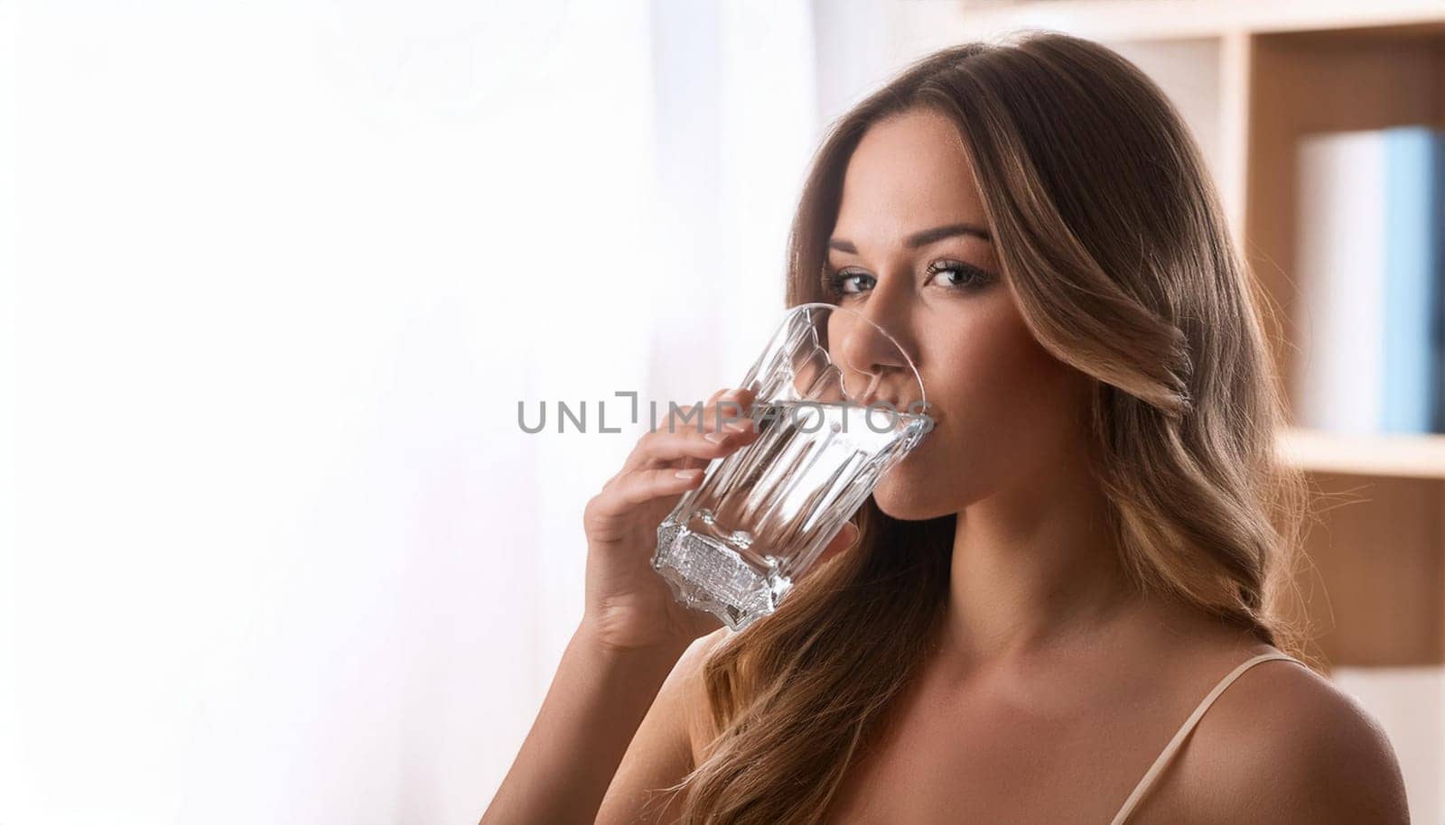 pretty young woman drinking a glass of water, AI generated image