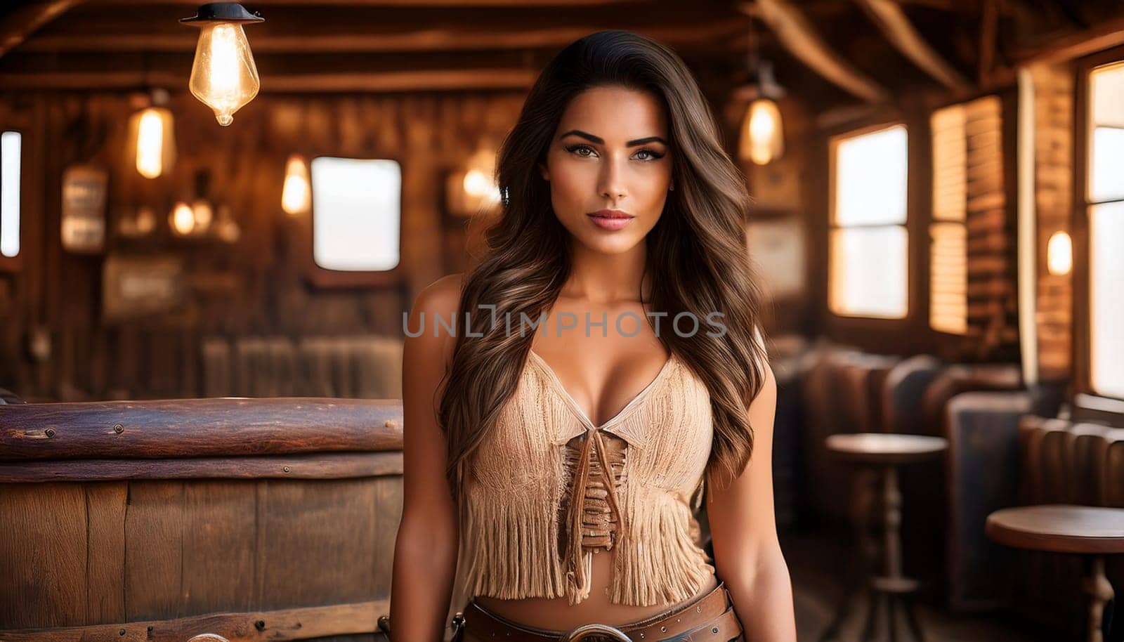 pretty young woman in old wild west saloon, AI generated image