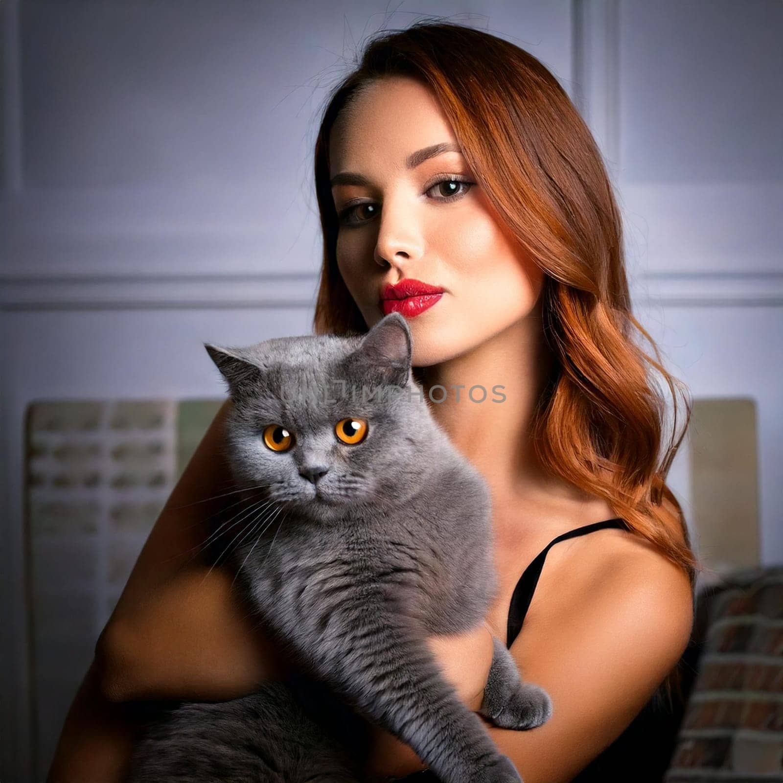 pretty young woman with a cat, AI generated image