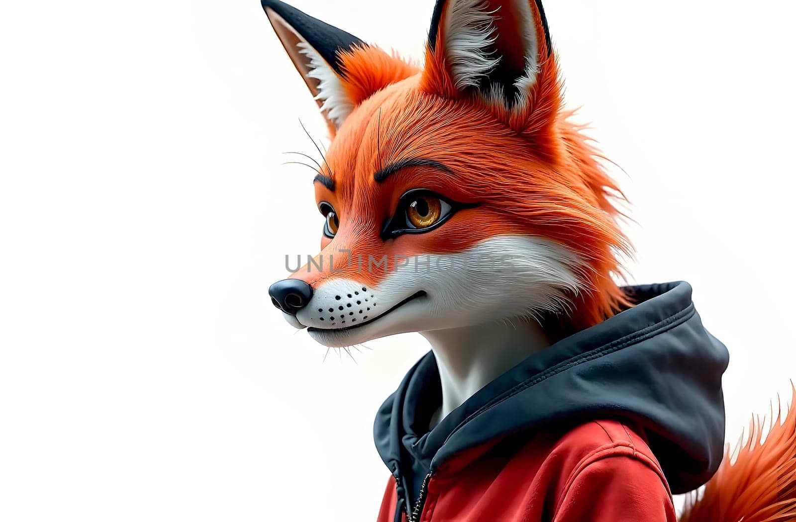 A furry character with striking orange fur and a red hoodie expresses curiosity, standing against a plain background. quadrobists
