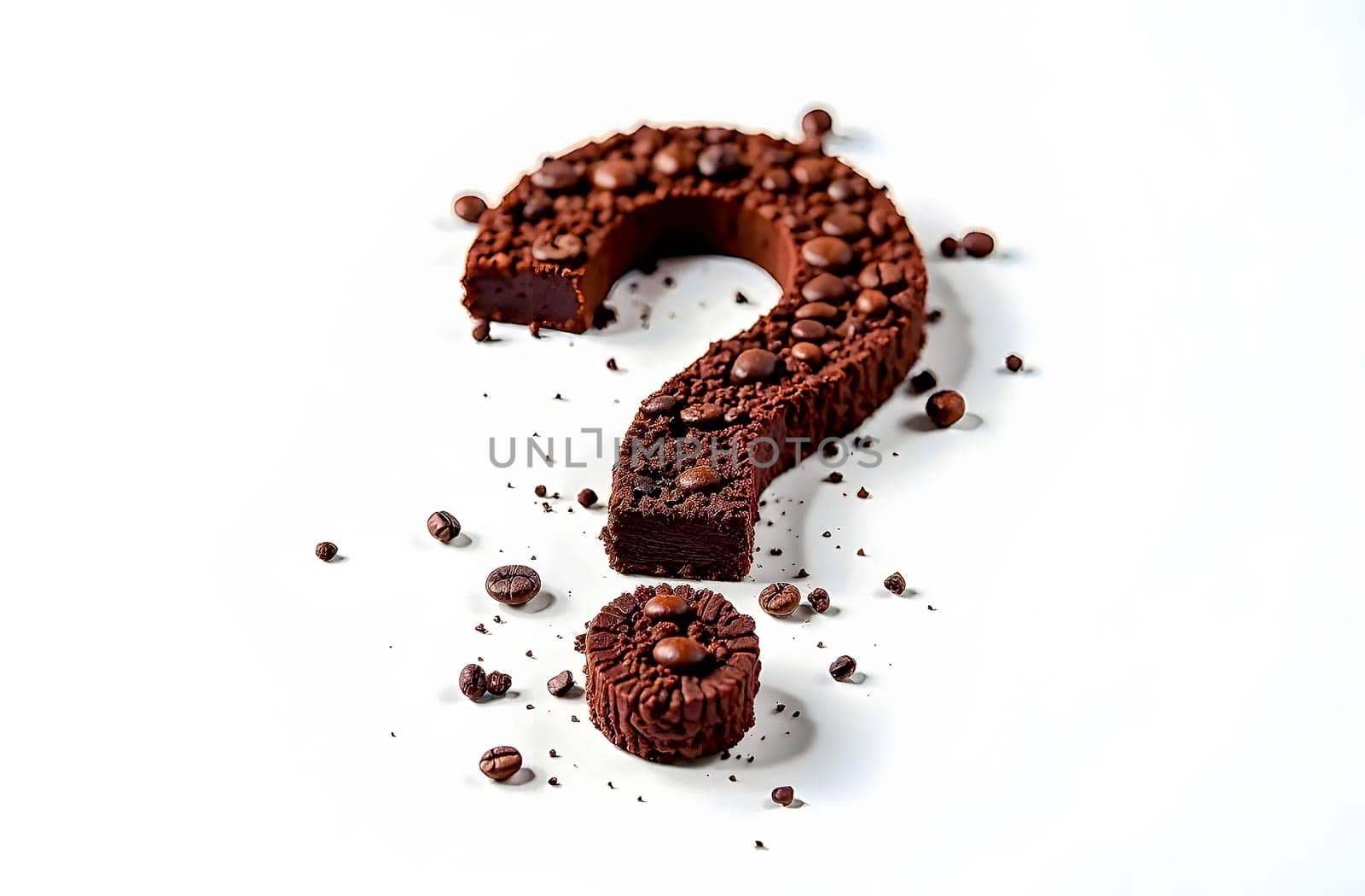 A unique chocolate question mark crafted from cocoa and coffee beans evokes concepts of problems, difficulties, and potential solutions.