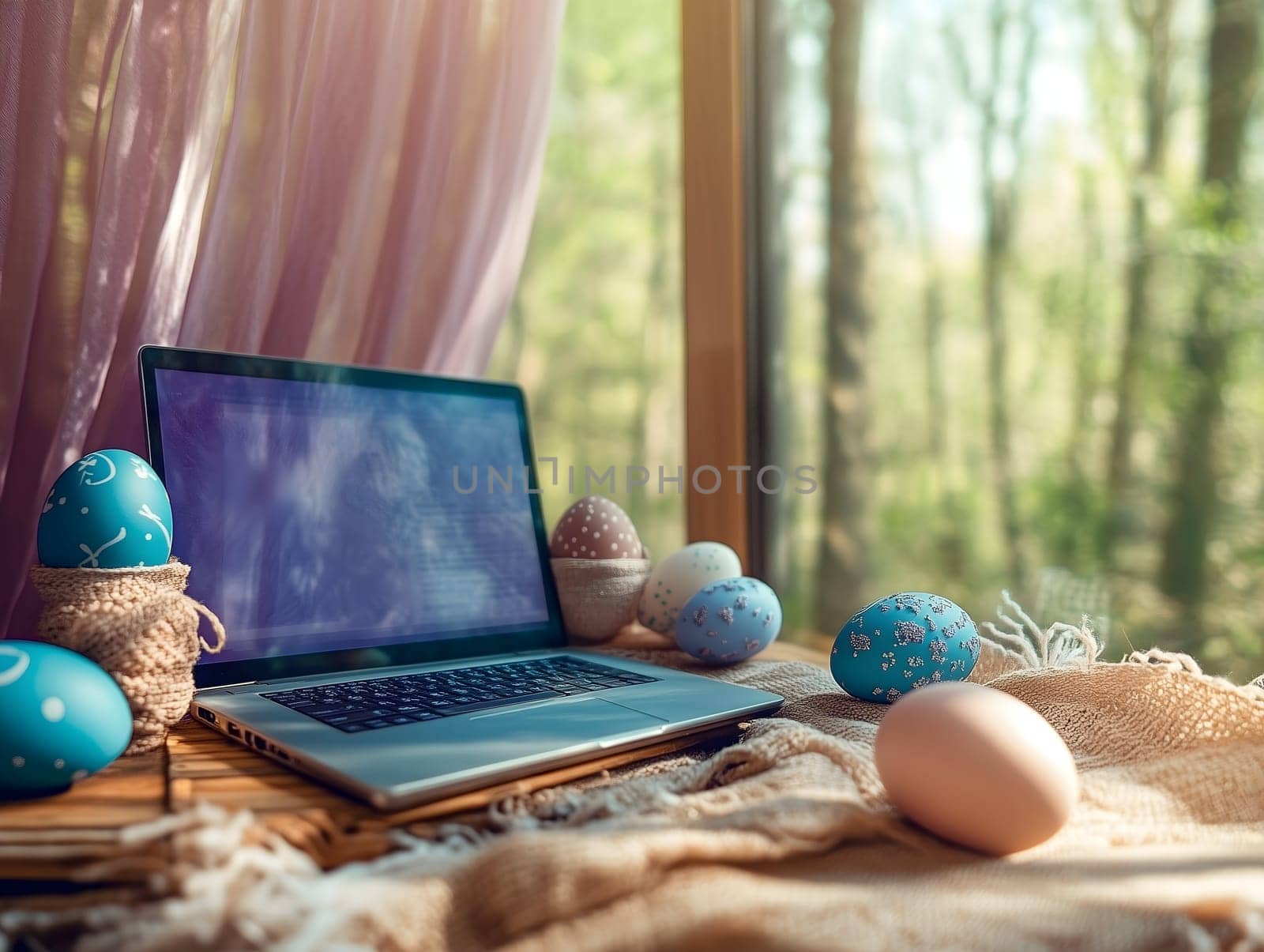 A laptop on a wooden table surrounded by beautifully decorated Easter eggs, soft fabrics, and natural light from a window overlooking a forest, creating a peaceful spring atmosphere.