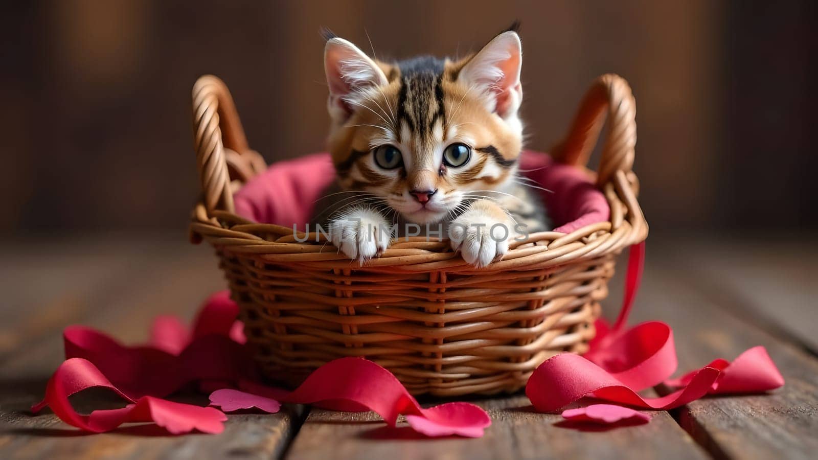 A cozy moment as a tiny pet lies in a festive basket with hearts and ribbons, perfect for a Valentines setting. High quality photo