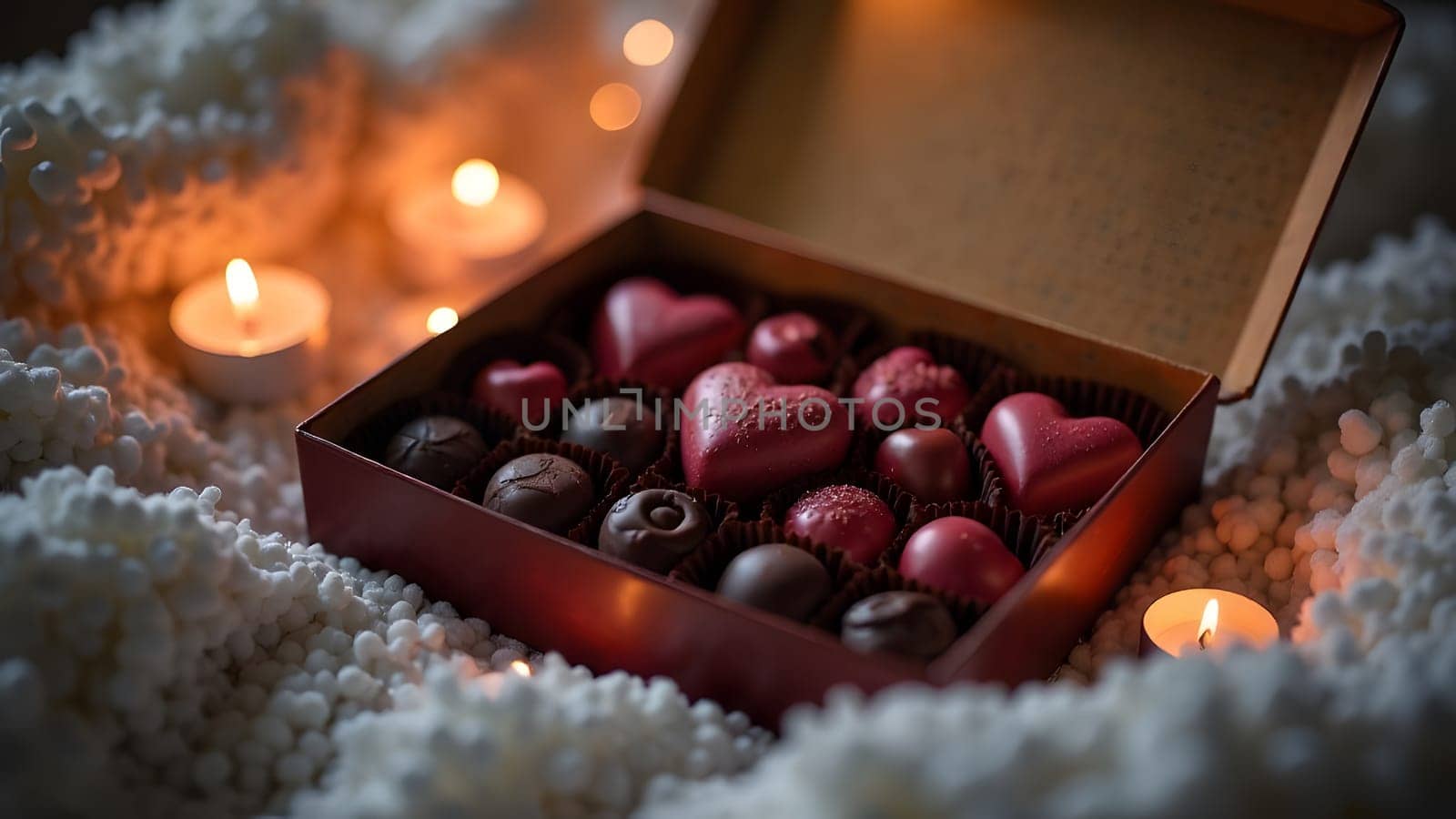 A warm and cozy scene with a box of heart-shaped chocolates lying on a fluffy throw, lit by fairy lights. High quality photo
