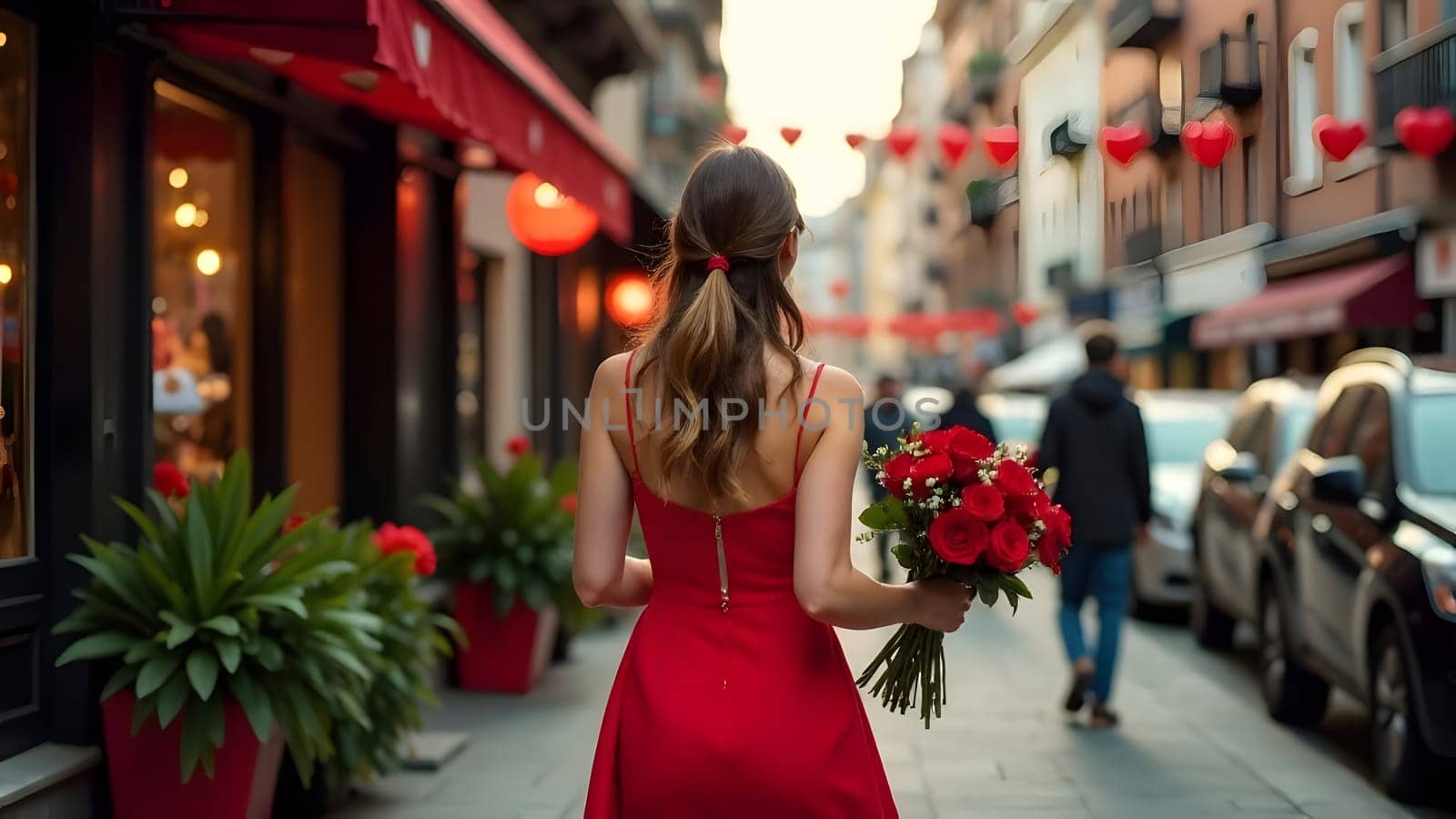 Elegance and charm as a woman in red carries flowers down a beautifully decorated city street. High quality photo