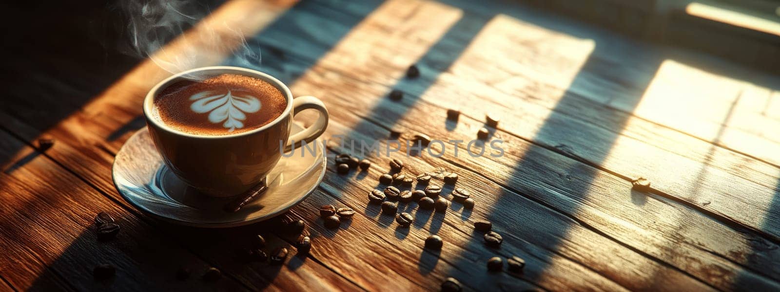 Coffee cup and coffee beans on table, Generative AI, drink