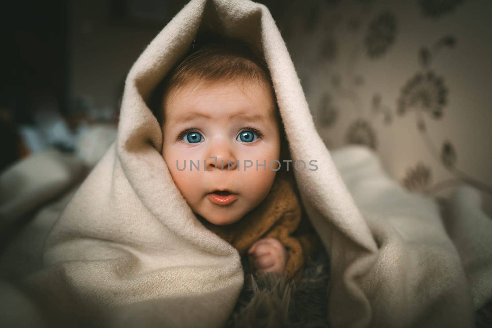 Blue-eyed baby girl crawling on bed under the blanket. Adorable kid portrait. 5 month old child. Childhood concept. High quality photo