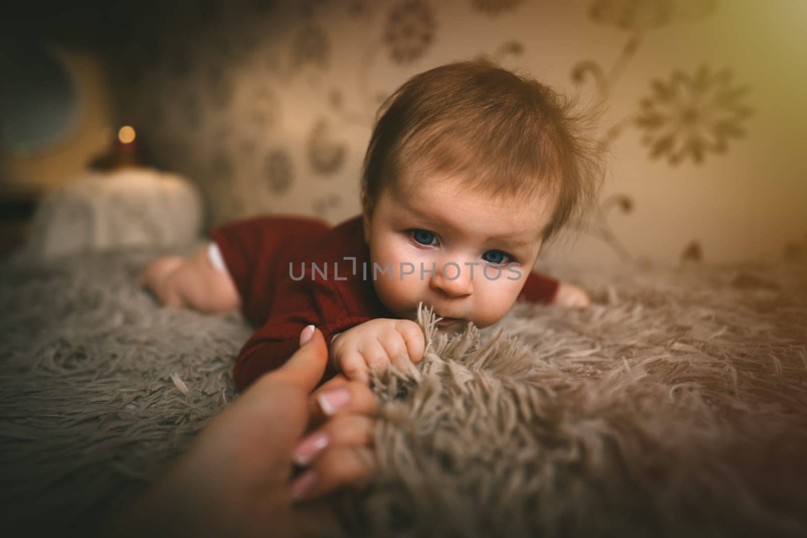Blue-eyed baby girl in red clothes close up crawling on bed. Adorable kid portrait. 5 month old child. Childhood concept. High quality photo