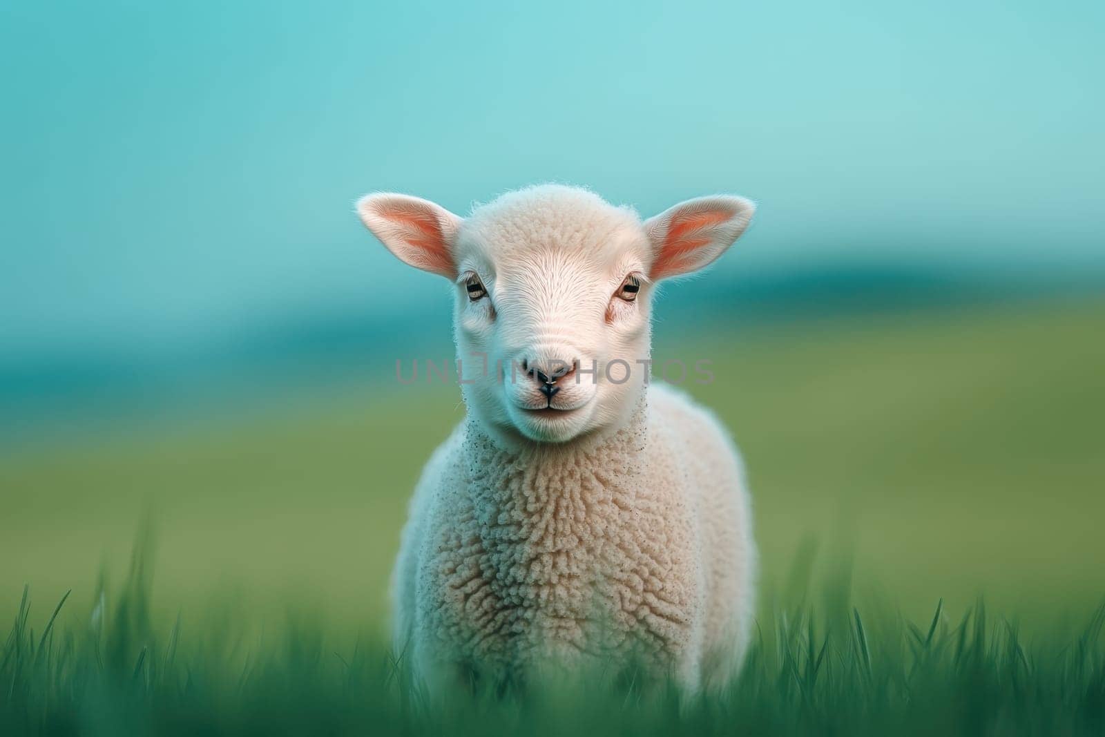 A baby sheep is standing in a field of grass. The sheep is looking at the camera with a curious expression. Concept of innocence and curiosity, as the baby sheep seems to be exploring its surroundings