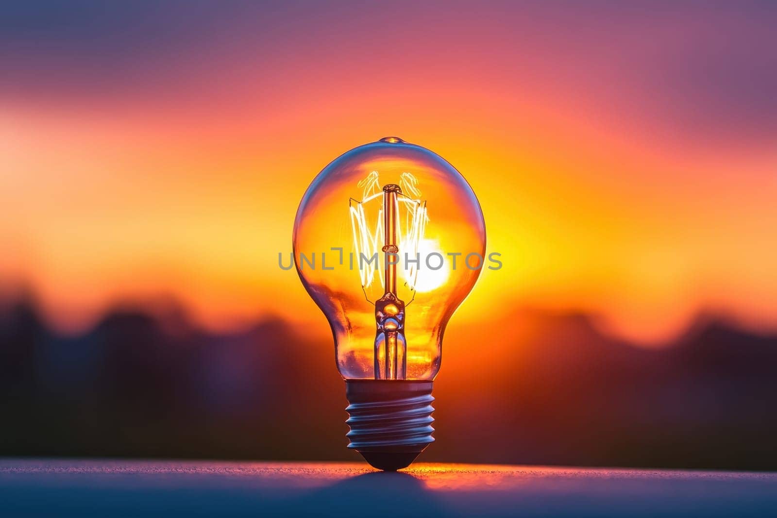 A light bulb is lit up in front of a sunset. The light bulb is the only source of light in the scene