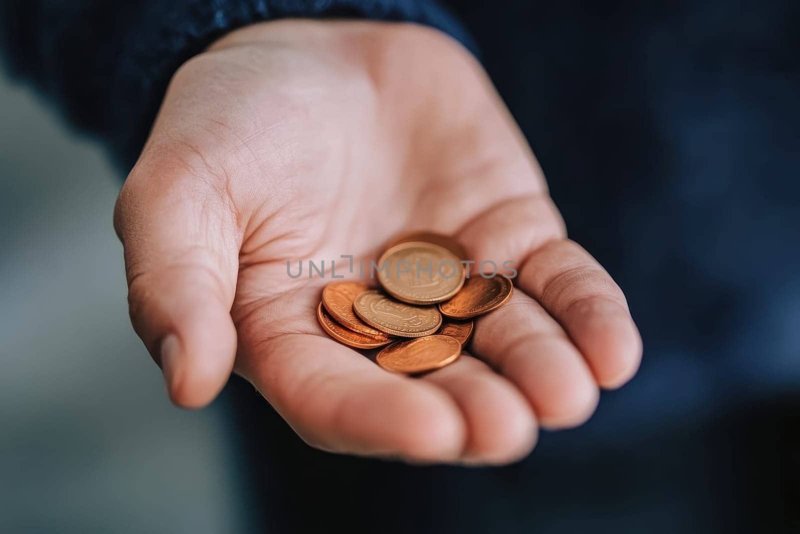 A hand is holding a handful of coins, including a dime and a quarter. The coins are all different sizes and colors, and they appear to be worn and weathered