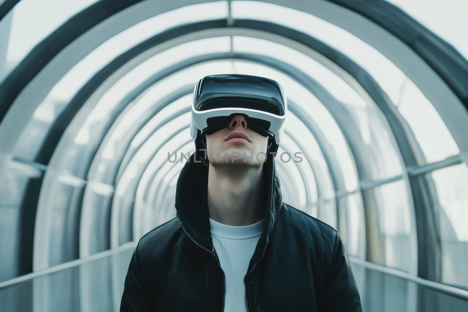 A man wearing a black jacket and a white shirt is standing in a tunnel. He is wearing a virtual reality headset and looking at the camera. Concept of adventure and excitement