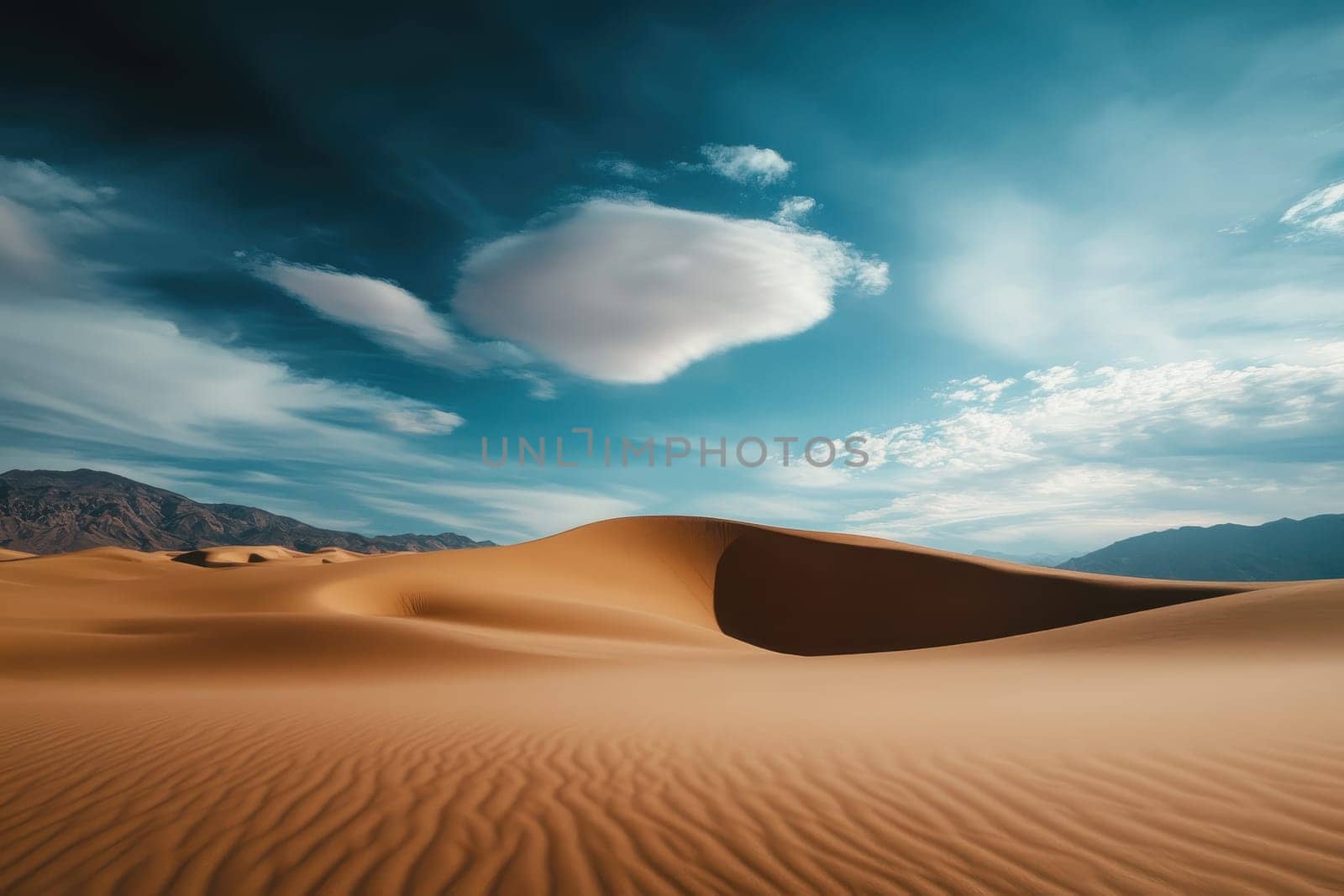 A desert landscape with a large cloud in the sky. The sky is blue and the clouds are white