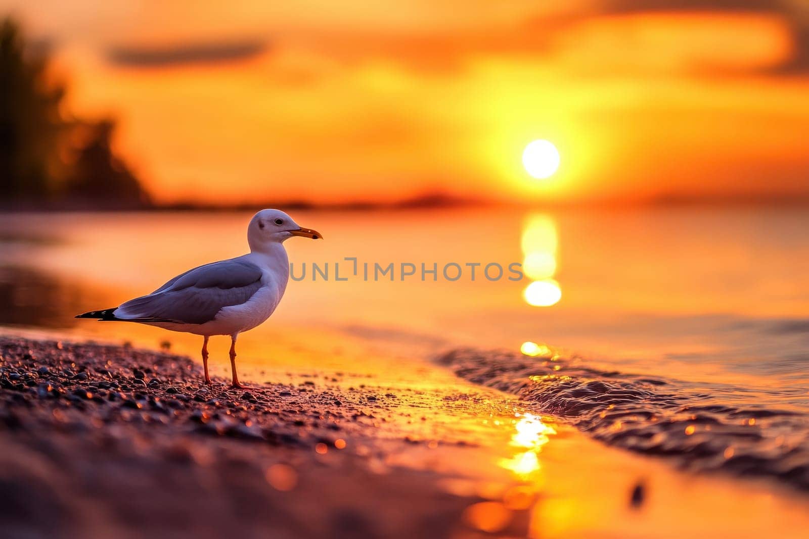 A seagull stands on the beach at sunset. The sky is orange and the sun is setting