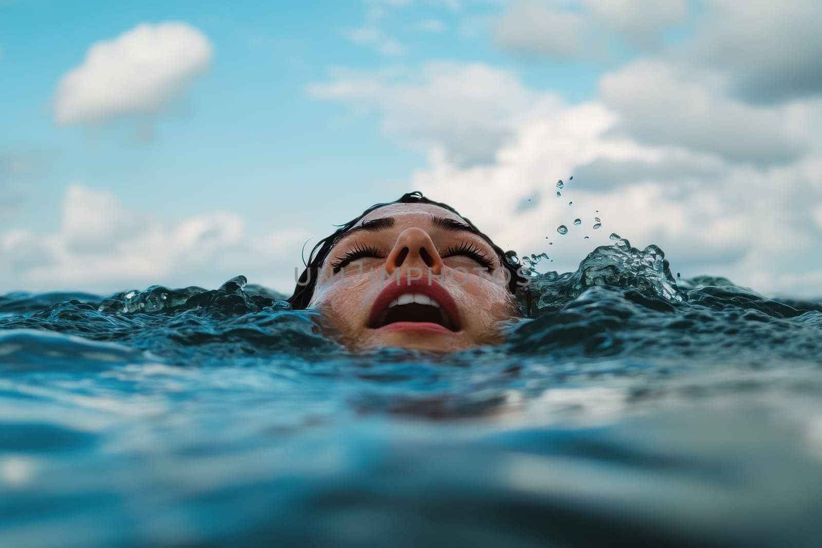 A woman is swimming in the ocean with her head above the water. The water is blue and the sky is cloudy