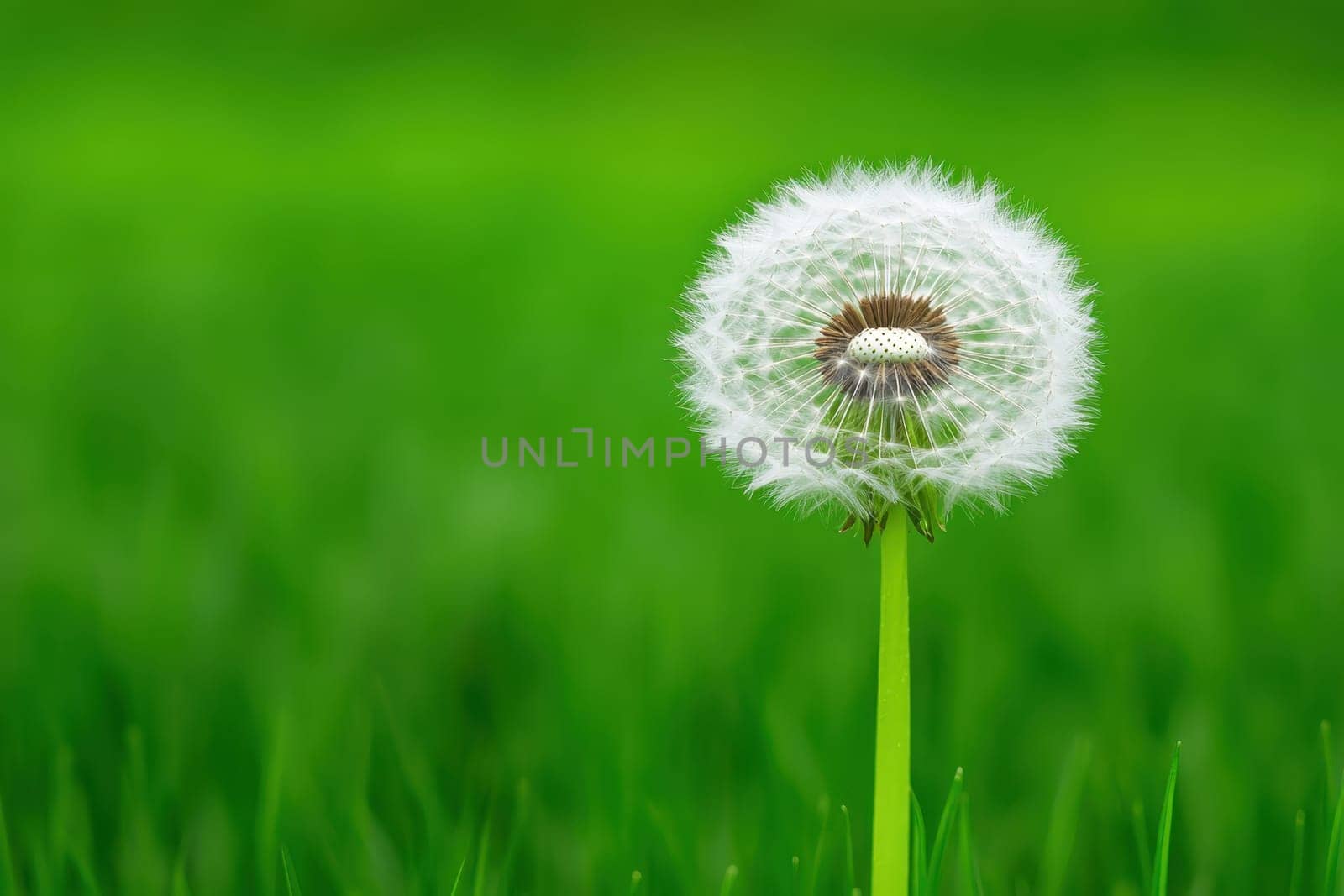 A single white flower with a green stem is standing in a lush green field. The flower is the only thing visible in the image, and it is a dandelion. Concept of simplicity and natural beauty