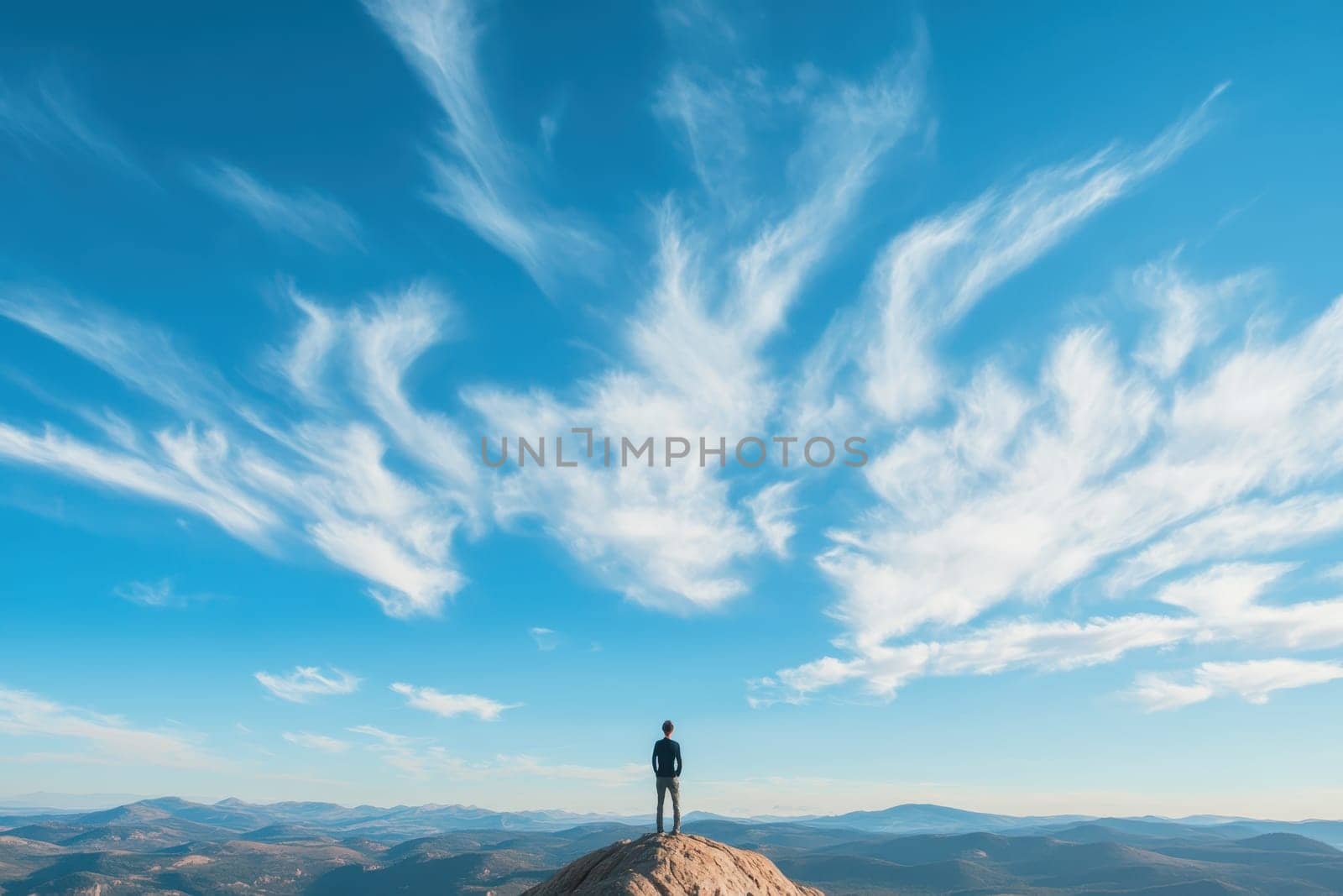 A person stands on a mountain top, looking out at the blue sky. The clouds are scattered and the sky is clear, creating a peaceful and serene atmosphere