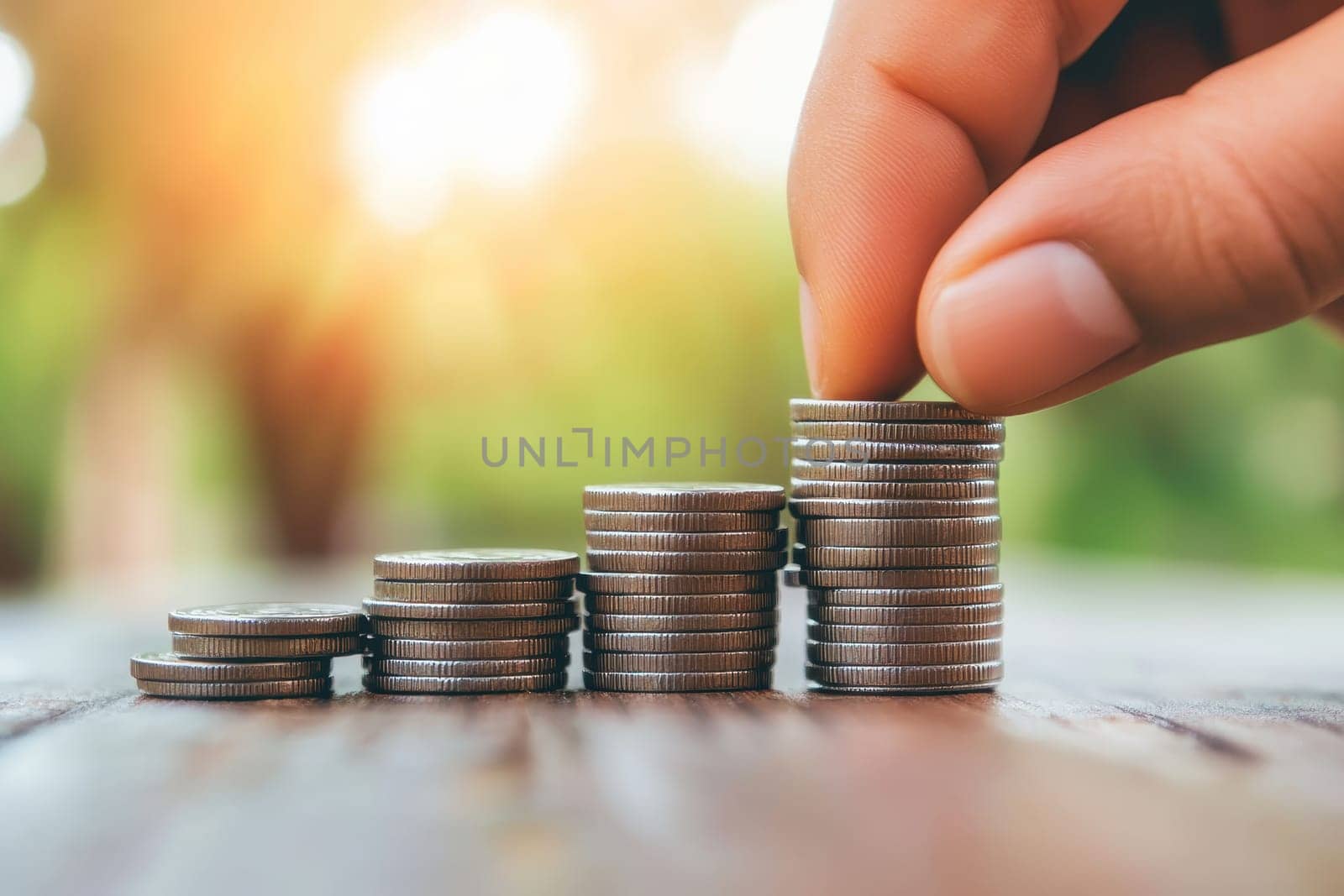 A hand is holding a stack of coins, with the top coin being a penny. The coins are stacked in a pyramid shape, with the bottom coin being a quarter. Concept of saving money