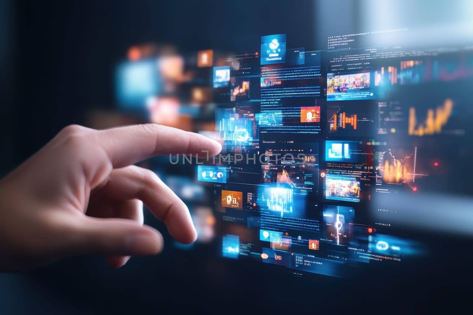 A hand is touching a screen with a lot of different images on it. The images are all different sizes and colors, and they seem to be moving around. Scene is one of excitement and curiosity