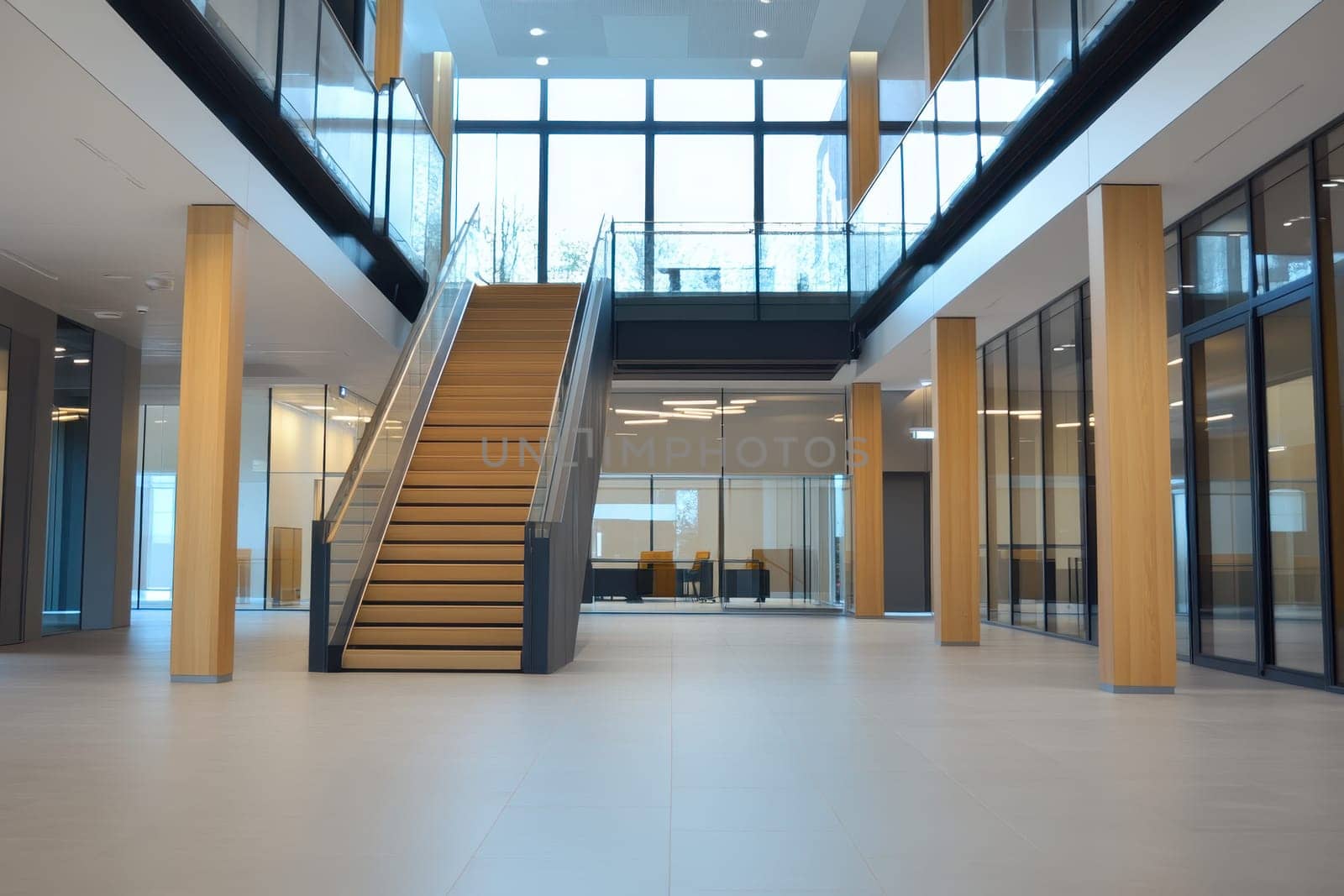 A large, empty building with a staircase leading up to the second floor. The staircase is made of wood and is surrounded by glass. The building is mostly empty