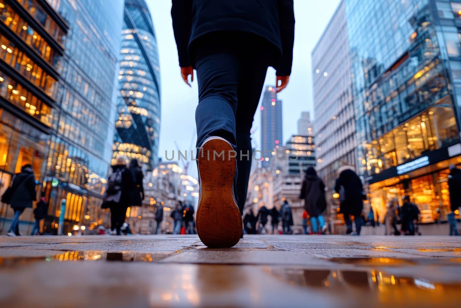 A man walks down a city street with many people around him. The scene is bustling and lively, with people walking and talking. The man is wearing a black jacket and he is in a hurry