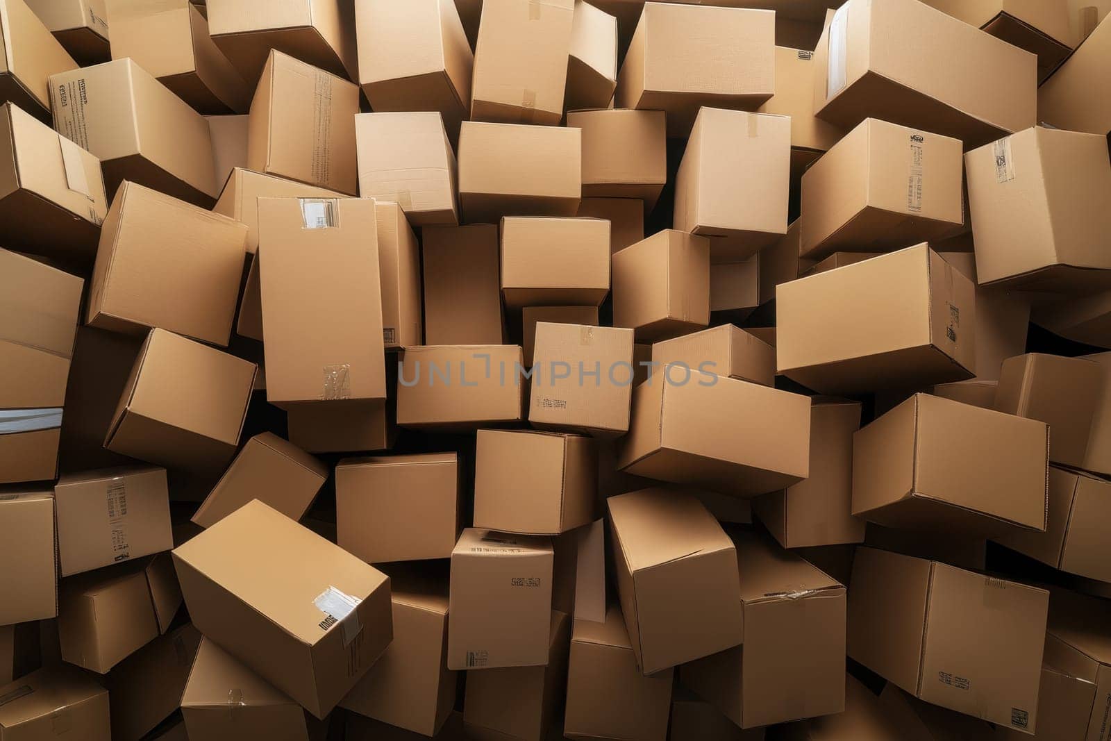 A pile of cardboard boxes stacked on top of each other. The boxes are of different sizes and are piled up in a way that they look like a mountain. Concept of chaos and disorganization
