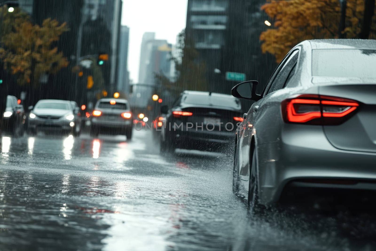 A car is driving down a wet street in the rain. The car is surrounded by other cars, and the rain is making the street slippery. The scene is dark and moody