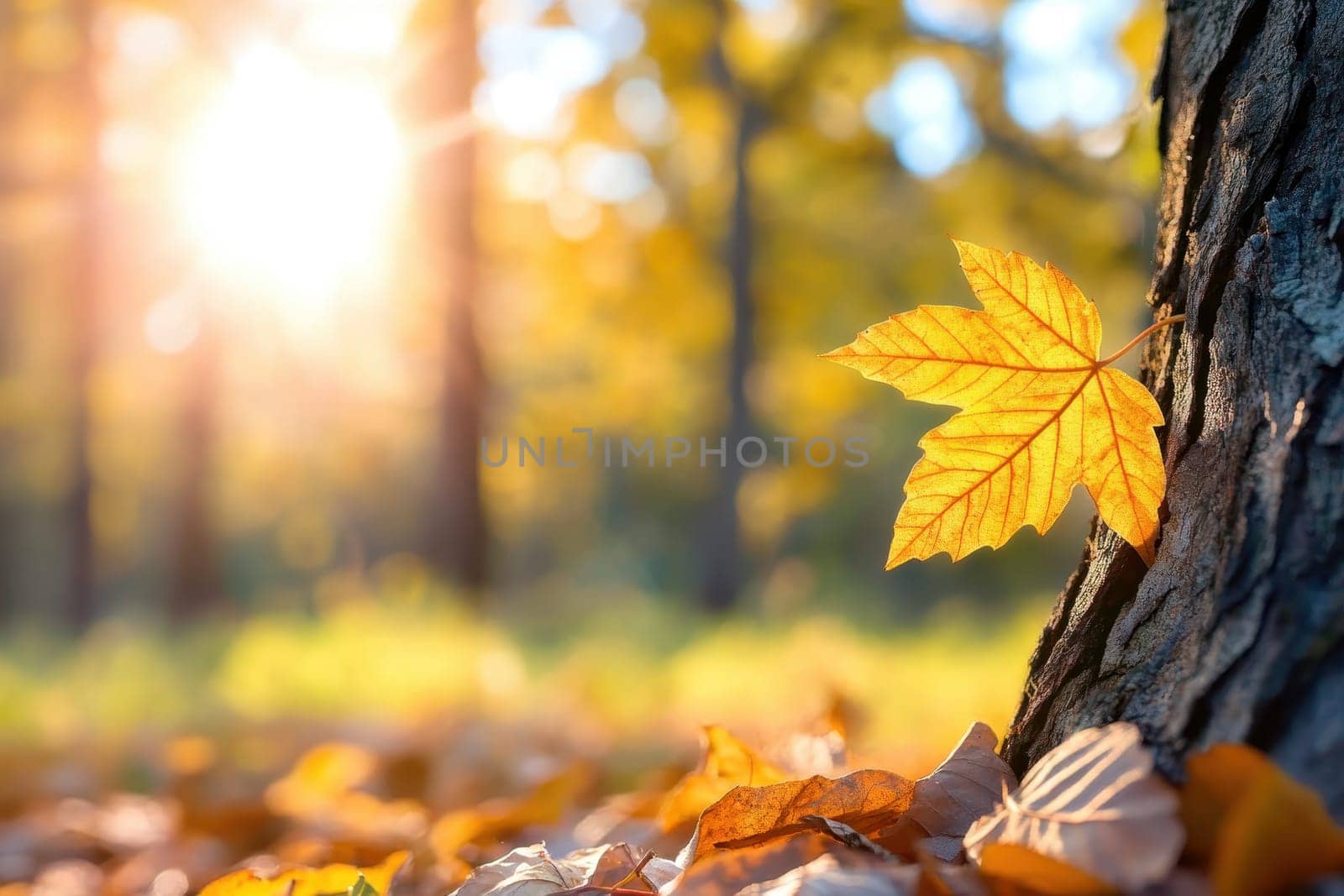 A leaf is on a tree trunk in a forest. The sun is shining on the leaf, making it look bright and beautiful. The scene is peaceful and serene, with the leaves on the ground