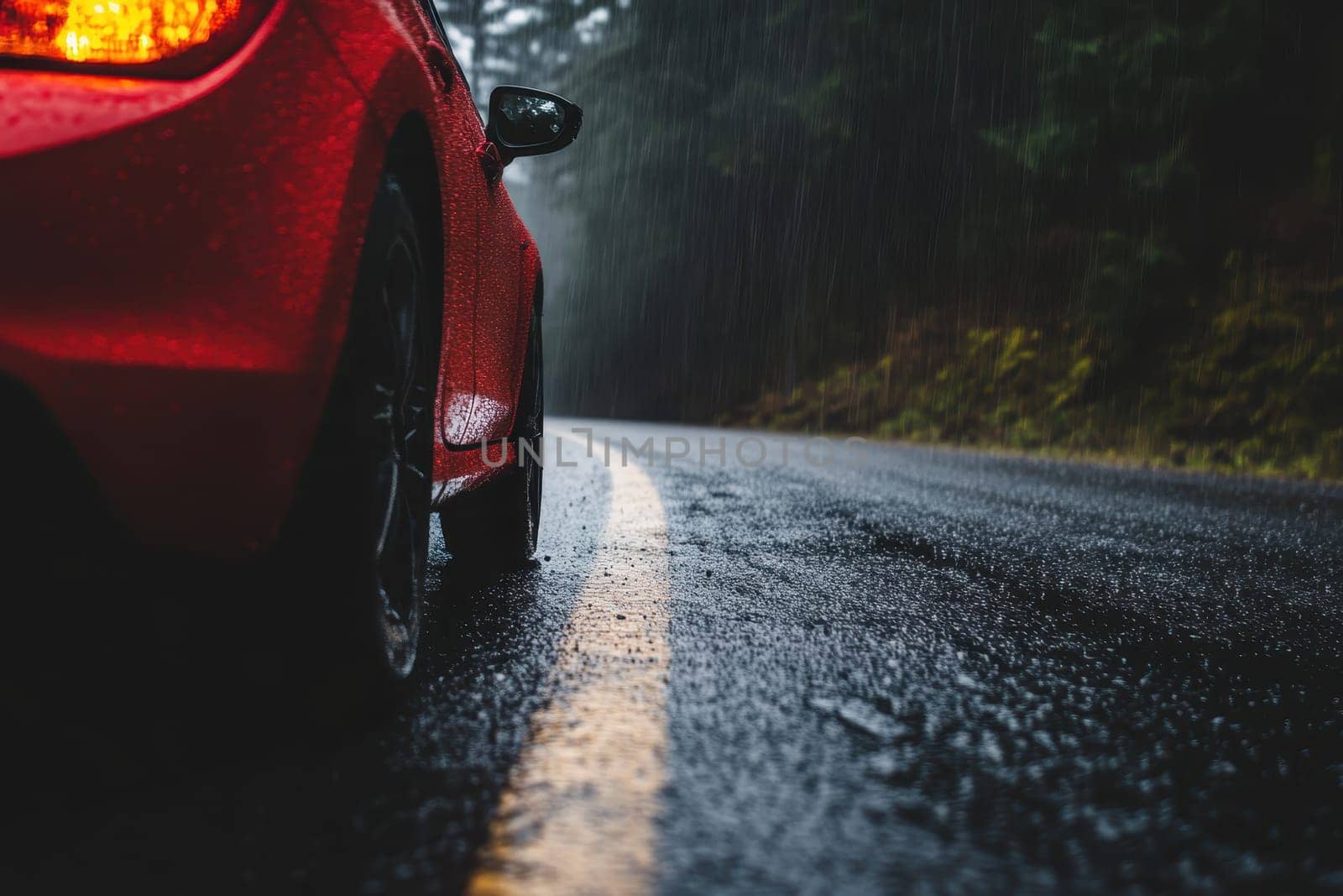A red car is driving down a wet road. The car is in the foreground and the road is in the background. Scene is somewhat gloomy and somber