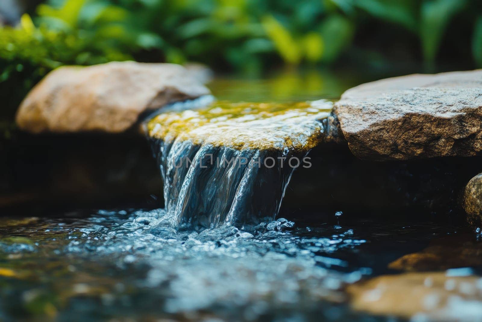A small stream of water flows over a rock. The water is clear and calm, and the rock provides a natural and peaceful setting