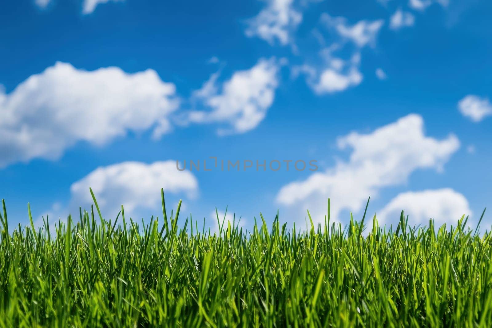 A field of green grass with a clear blue sky in the background. The sky is dotted with clouds, giving the scene a peaceful and serene atmosphere
