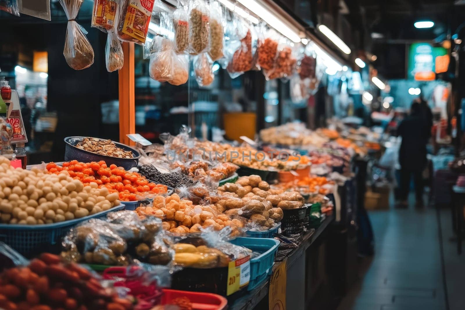 A market with a lot of produce and a person walking by. The produce is in plastic bags and the market is open